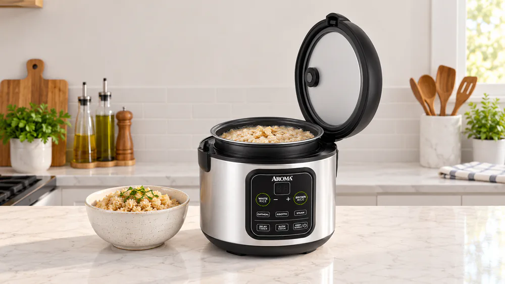 Aroma ARC-994SB rice and grain cooker with its lid raised, showing creamy oatmeal in the nonstick pot next to a bowl of brown rice