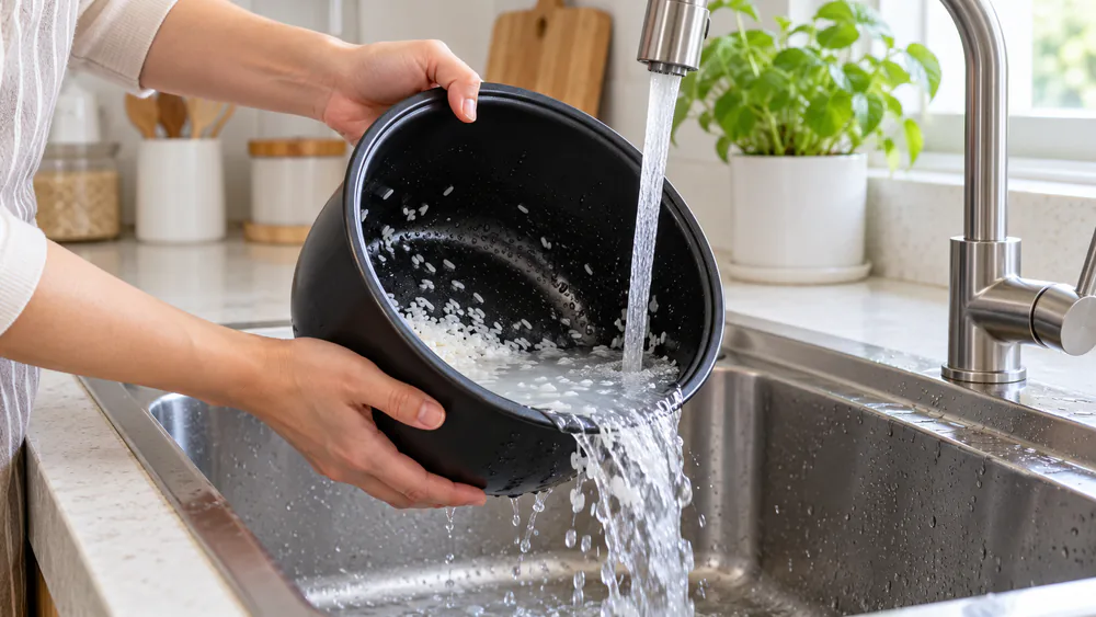 A nonstick Aroma inner pot being rinsed under running water in a kitchen sink, rice residue sliding off the coating