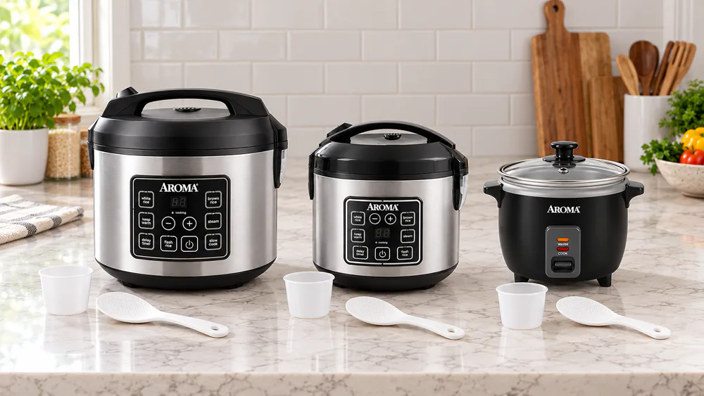Several Aroma rice cookers in different sizes lined up on a kitchen counter with their measuring cups and spatulas in front