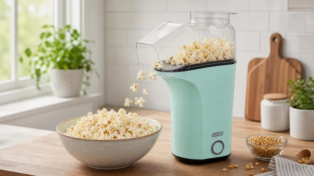 The DASH Fresh Pop air popper filling a serving bowl with popped corn on a small kitchen counter.