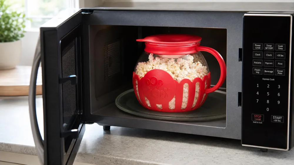 The Ecolution Micro-Pop glass bowl with silicone lid full of popped corn, sitting in a microwave.