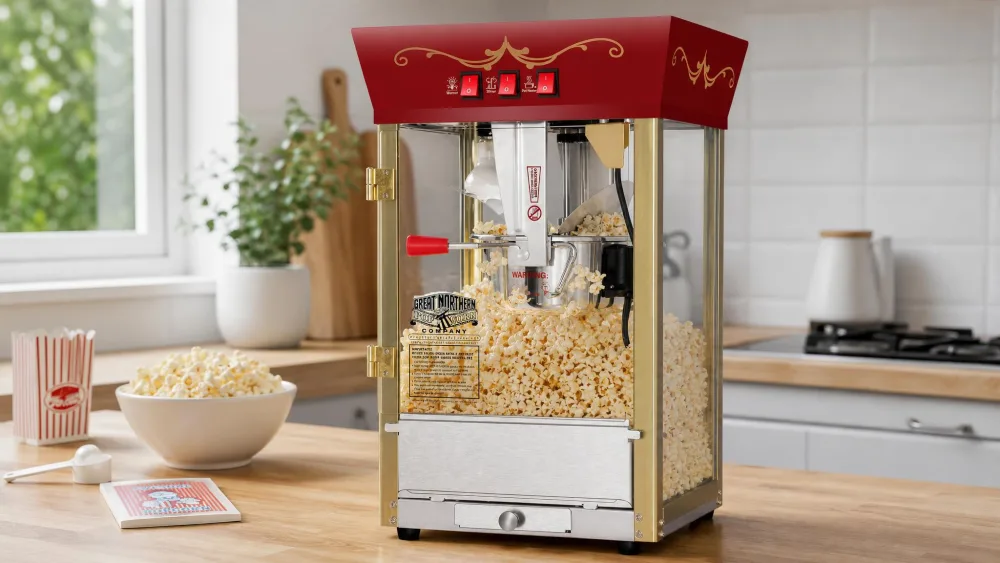 The Great Northern Matinee popcorn machine on a countertop, a full batch in the heated deck with the reject kernel tray below.