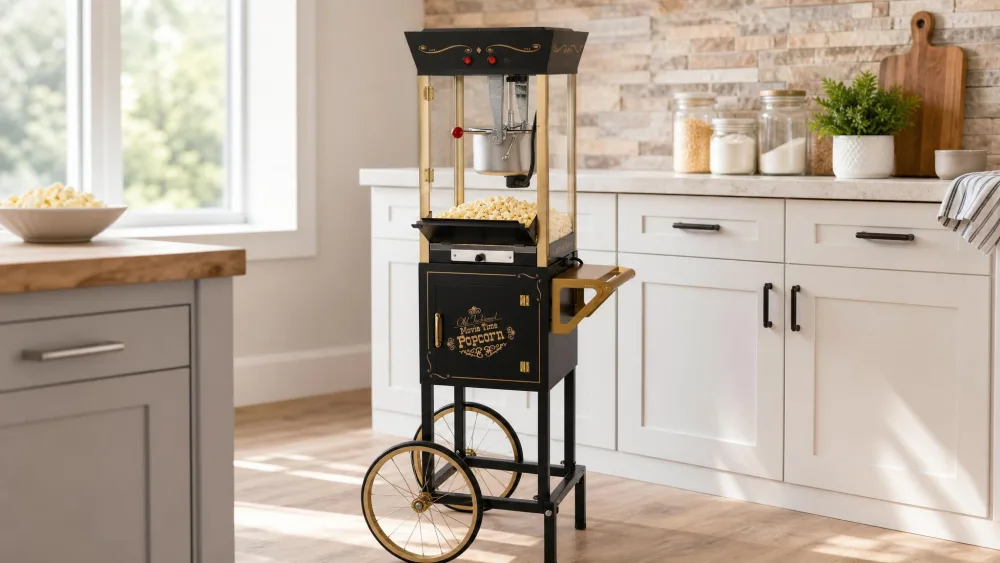 The Nostalgia Professional Cart rolled out on its wheels, kettle in the cabinet and warm popcorn behind tempered glass.