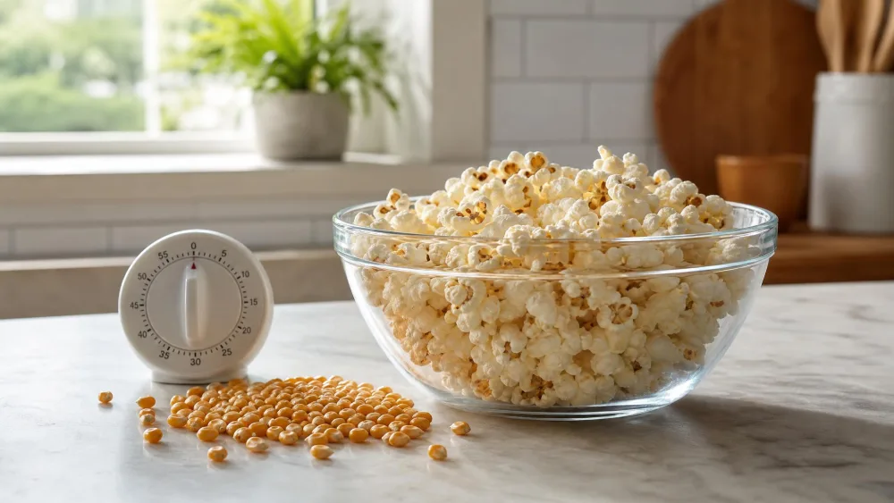 A clear bowl of freshly popped popcorn beside a small pile of unpopped kernels, with a kitchen timer nearby.