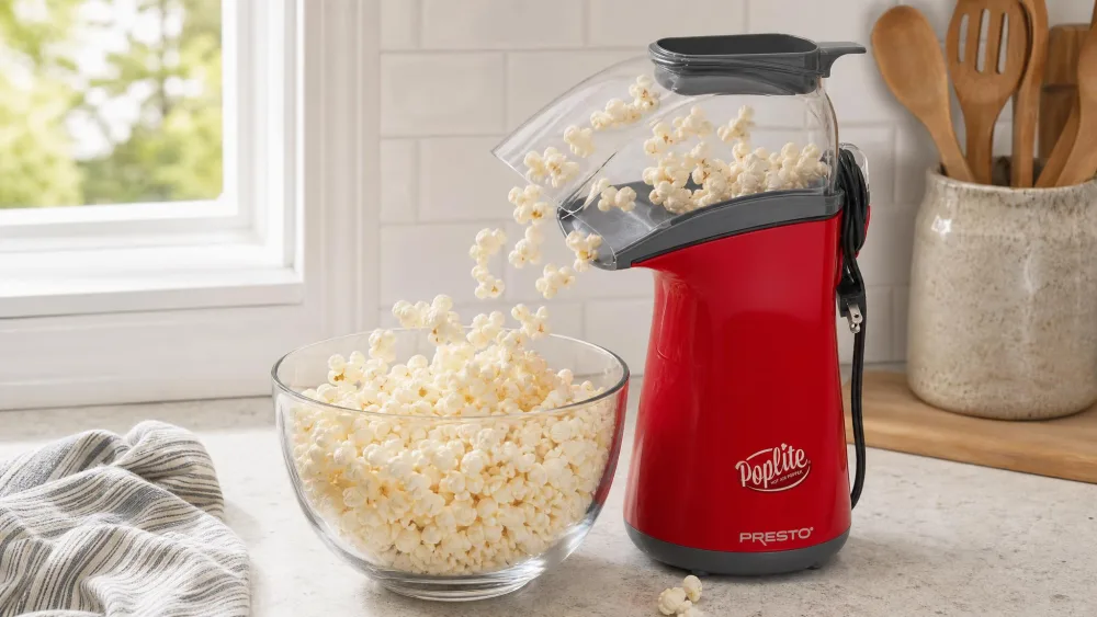 The Presto PopLite air popper on a counter mid-pop, its chute directing popcorn into a large bowl.