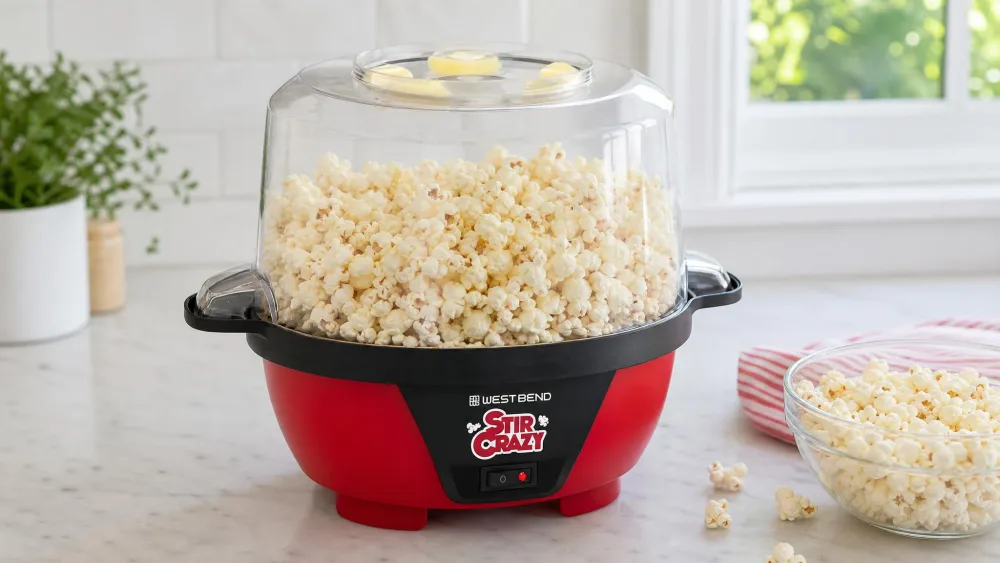 The West Bend Stir Crazy with its clear lid filled with popped corn and a butter well melting butter on top.