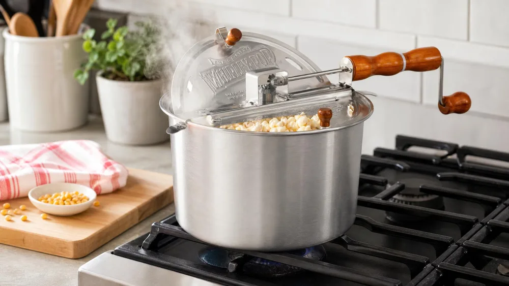 A hand cranking the Original Whirley Pop on a gas range, the vented lid releasing steam and popcorn filling the pot.