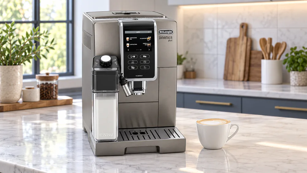De'Longhi Dinamica Plus in titanium with its 3.5-inch touch display lit and the LatteCrema thermal carafe attached beside a flat white