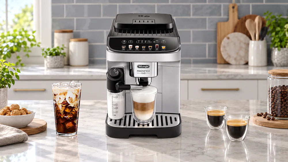 De'Longhi Magnifica Evo with LatteCrema on a kitchen counter with a milk carafe attached and a latte macchiato in a glass beneath the spout