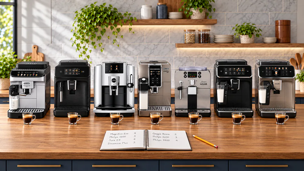 Seven automatic espresso machines lined up on a kitchen counter with small cups of espresso in front of each one, a notebook of grind settings beside them