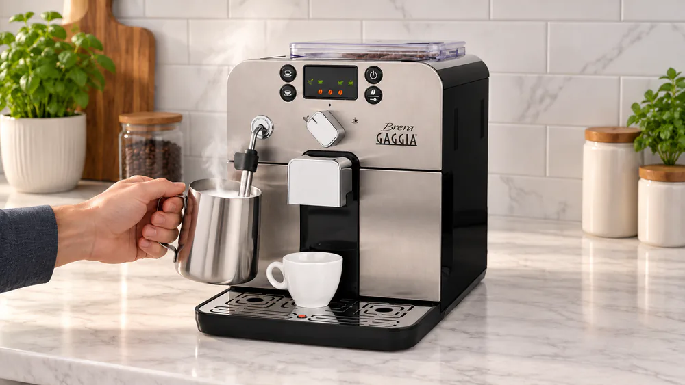 Compact Gaggia Brera super-automatic espresso machine on a small kitchen counter with its Pannarello steam wand frothing milk in a stainless pitcher