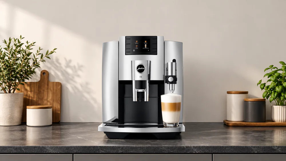 Chrome Jura E8 automatic coffee machine with its color display lit and a layered latte macchiato in a tall glass under the milk spout