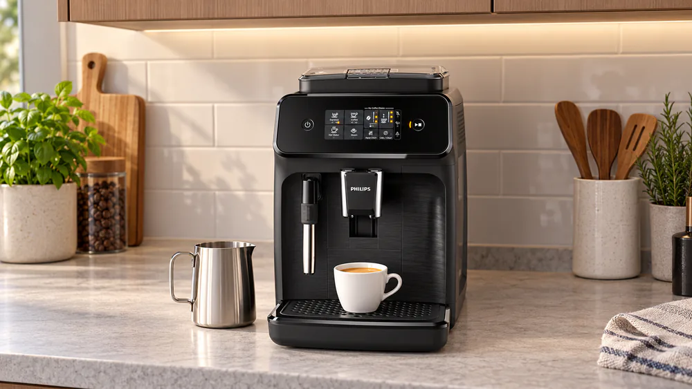 Philips 1200 super-automatic espresso machine on a counter under an upper cabinet, a small steaming pitcher beside the classic steam wand and a fresh espresso in the cup