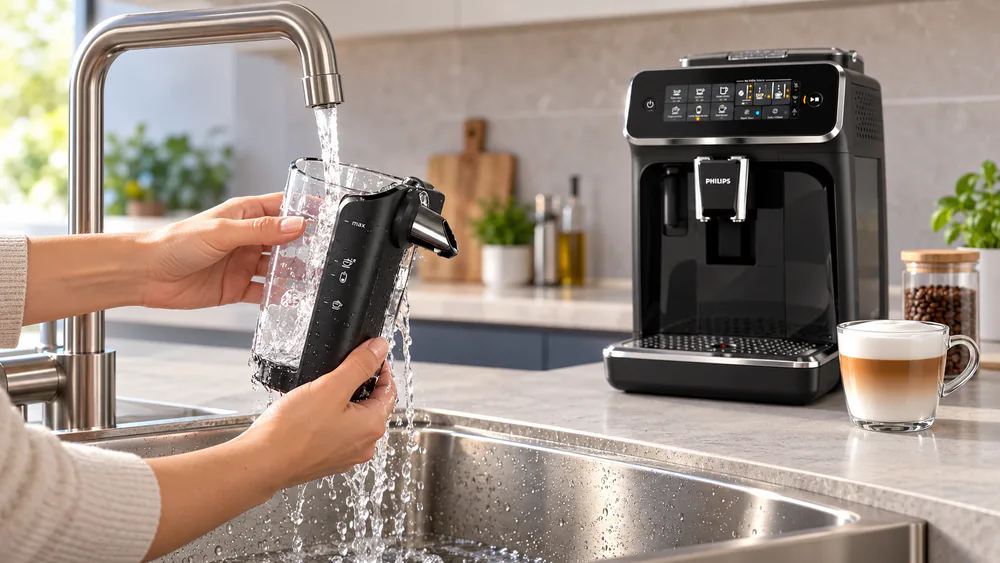 Philips 3200 LatteGo with its two-part milk jug removed and held under a running kitchen tap, the machine in the background with a cappuccino