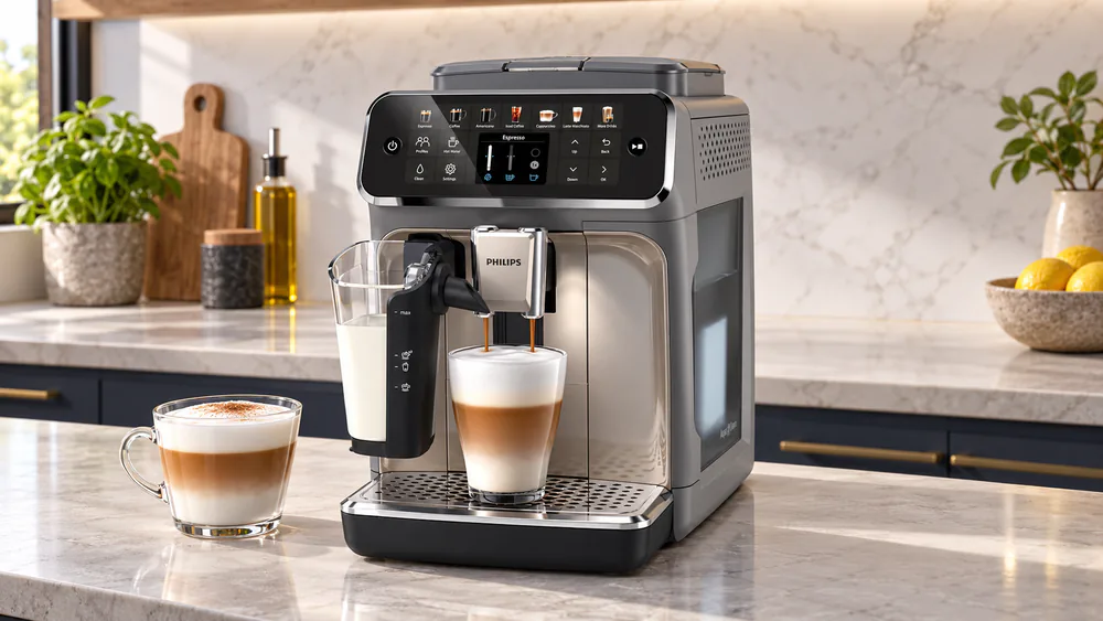 Philips 4400 LatteGo on a counter with its Profiles touch button and row of drink icons visible, a cappuccino in a glass cup beside it