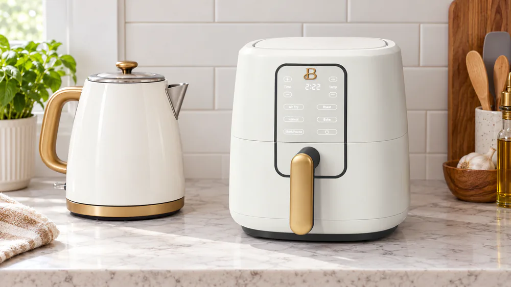 Beautiful 3 Qt Air Fryer in a soft matte colorway on a narrow kitchen counter beside a kettle, showing how little space it takes