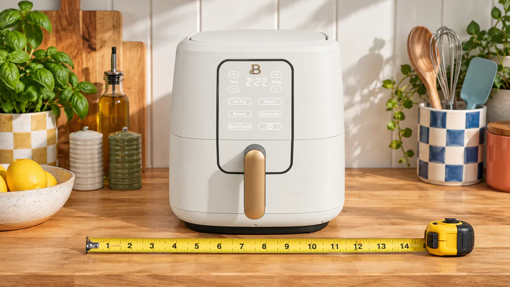 Beautiful 6 Qt air fryer on a counter with a tape measure across its front to show footprint and height