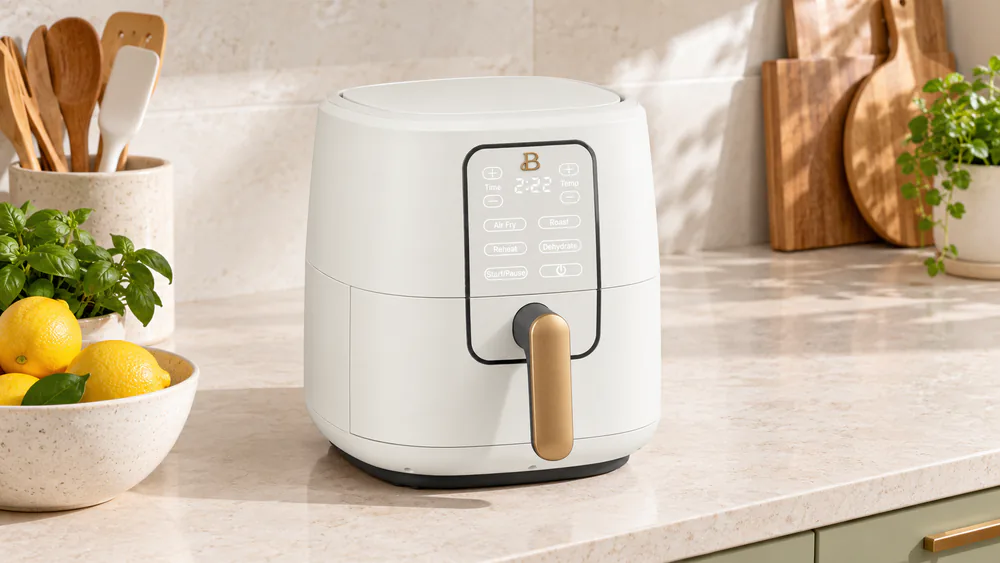 Beautiful 6 Qt Touchscreen Air Fryer in White Icing on a kitchen counter with its touch display lit and the basket drawer closed