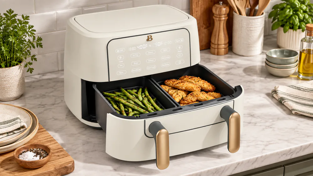 Beautiful 9 Qt TriZone Air Fryer with its removable divider in place, two 4.5-quart zones loaded with chicken tenders and green beans