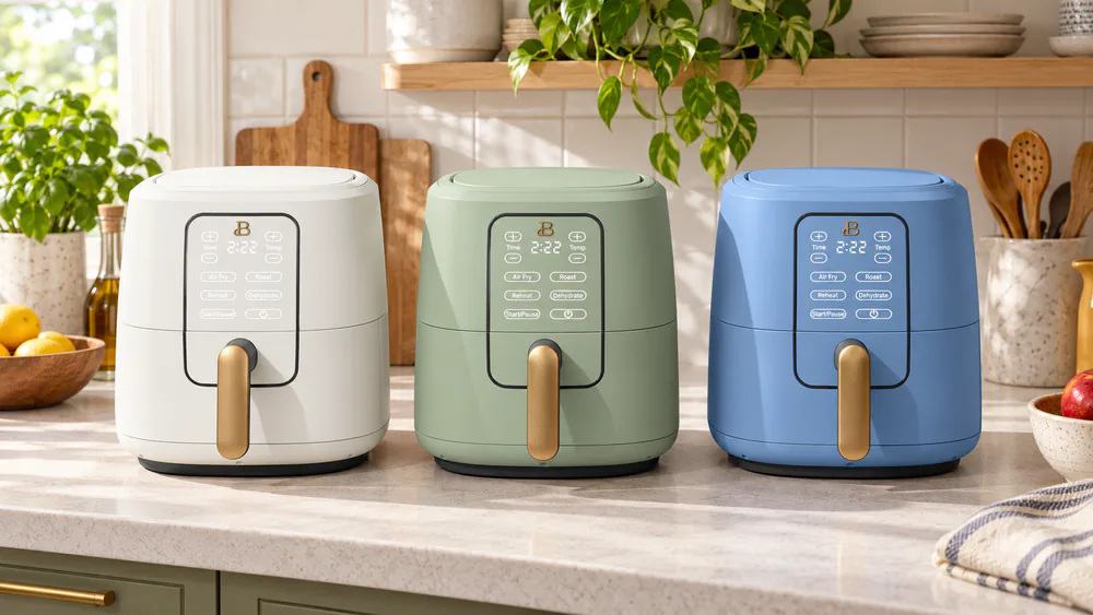 Beautiful air fryers in White Icing, Sage Green and Cornflower Blue matte colorways side by side on a light countertop