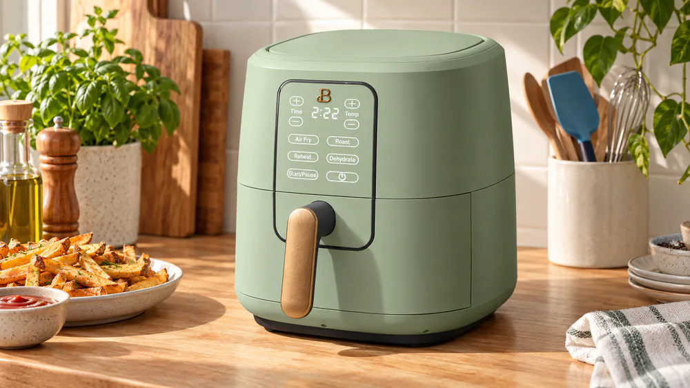 A Beautiful by Drew Barrymore air fryer in a matte colorway on a kitchen counter with its touch display lit
