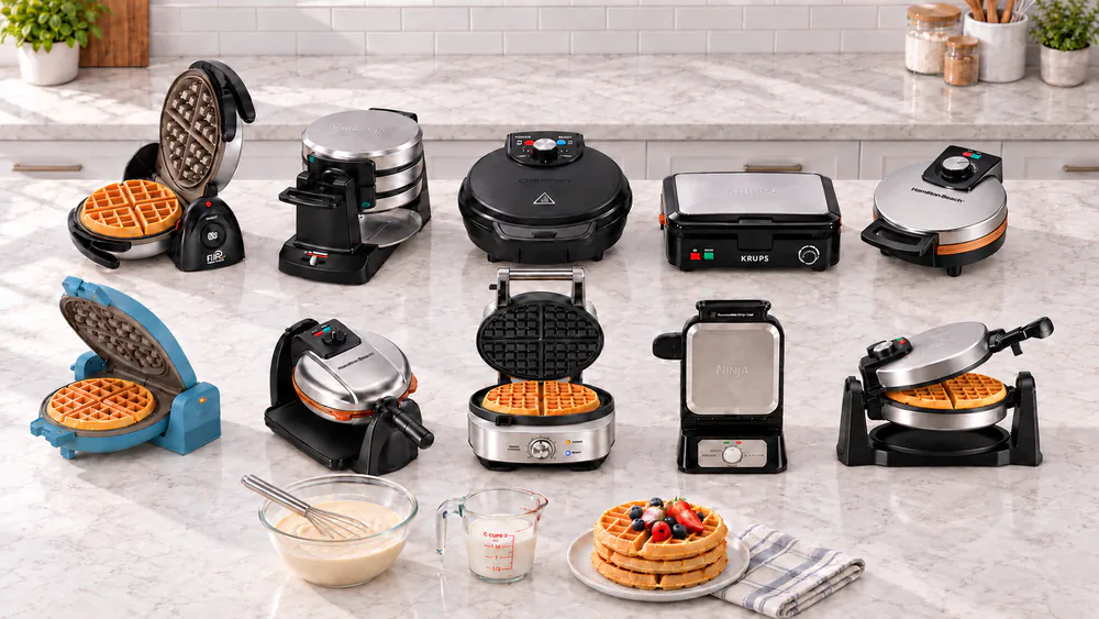 Ten Belgian waffle makers lined up on a kitchen counter next to a bowl of batter, a measuring cup and a stack of golden brown waffles