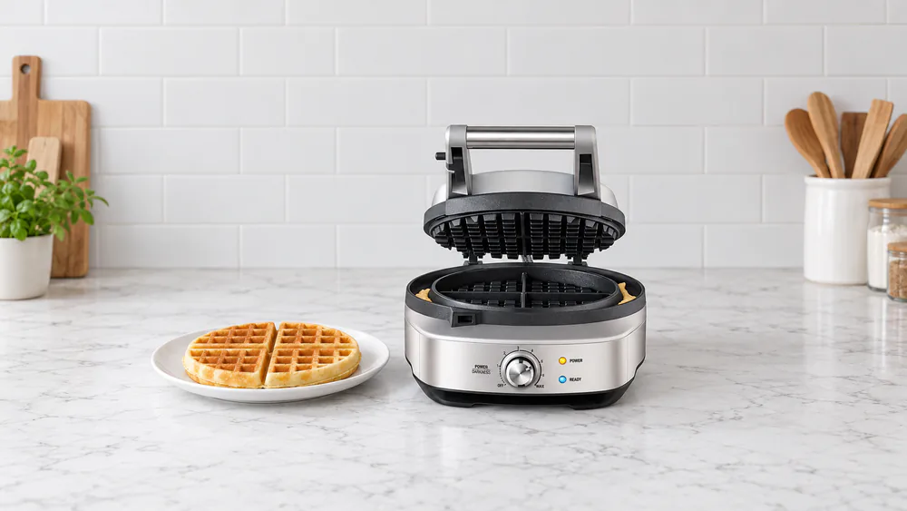 The nonstick moat of the Breville No-Mess waffle maker holding a little cooked overflow batter beside a finished round waffle