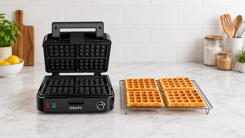 Four thick square waffles from the KRUPS 4-Slice cooling on a wire rack beside the open iron