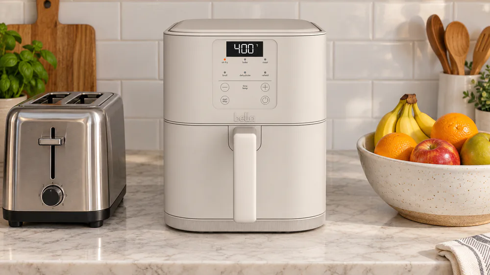 A Bella 6 qt air fryer on a crowded family kitchen counter next to a toaster and a fruit bowl, showing how much counter width it takes