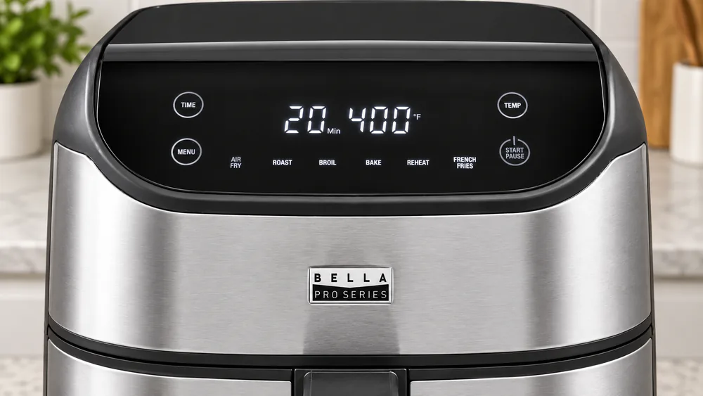 Close-up of the touchscreen control panel on the Bella Pro 6-Qt stainless steel air fryer showing the six preset icons
