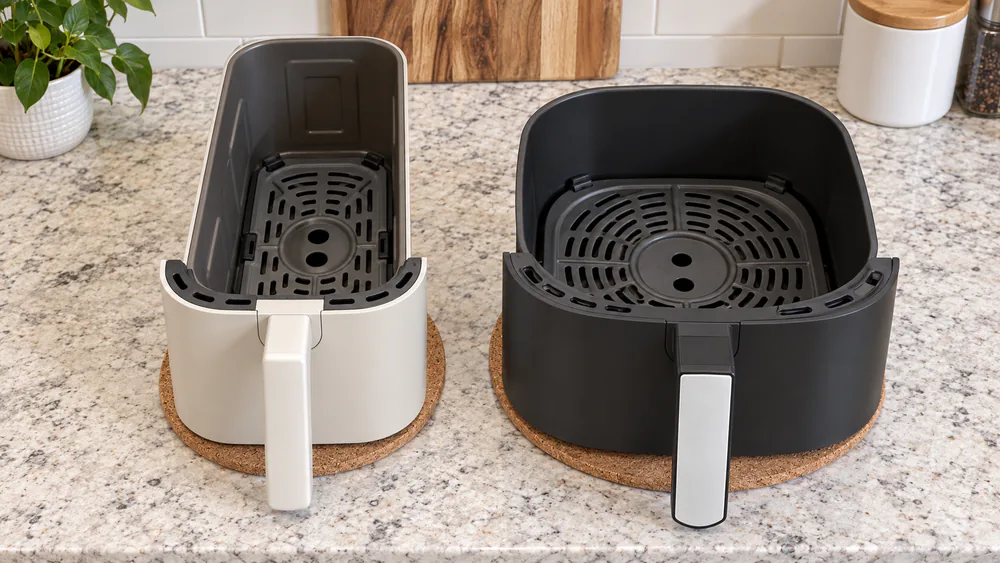 The Bella Slim and Bella Pro Series 6 qt air fryer baskets side by side on a kitchen counter, showing the taller Slim basket and the wider Pro basket