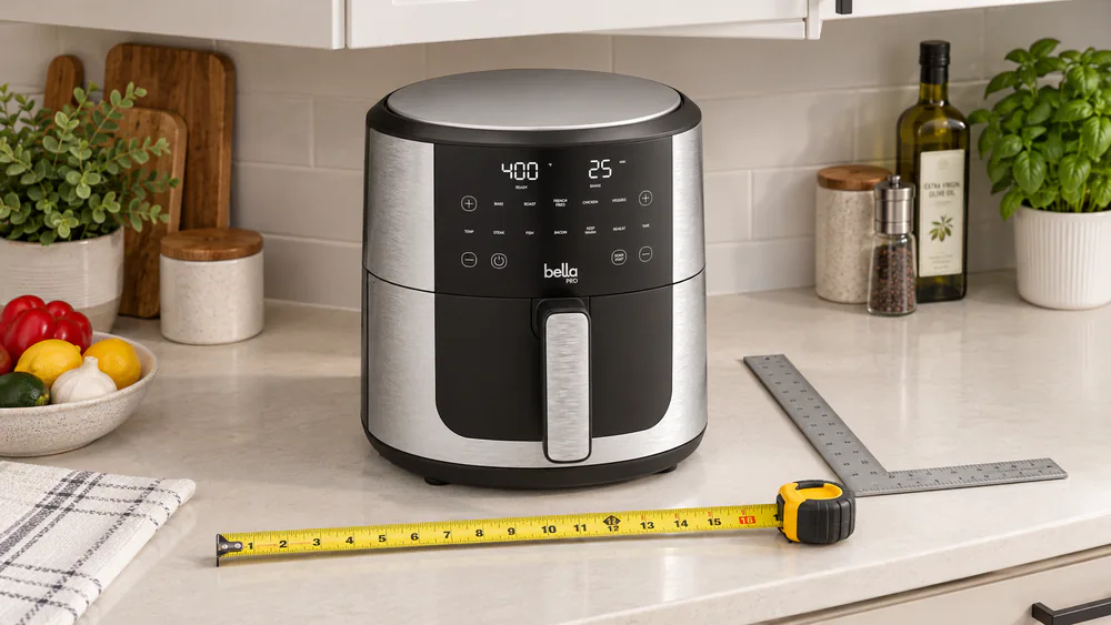 A Bella 8-quart air fryer on a kitchen counter beside a tape measure, showing its width and depth against the cabinet above