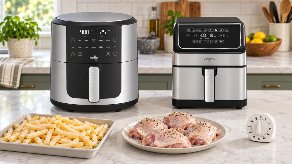 Two Bella 8-quart air fryers side by side on a kitchen counter with a tray of frozen fries, chicken thighs and a kitchen timer ready for a test batch