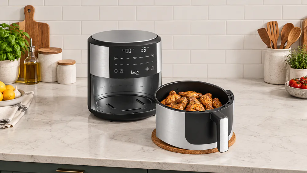 Close-up of the Bella Pro SmartCrisp 8-quart touchscreen panel with the ceramic-coated basket pulled out and loaded with crisp chicken wings