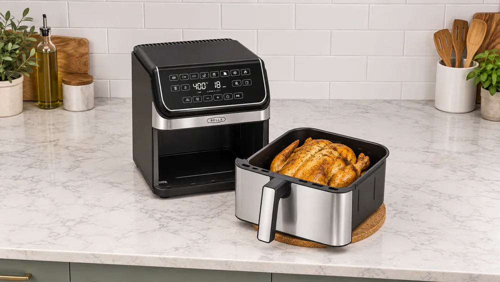 A whole roasted chicken of about five pounds sitting in the open basket of a Bella TurboCrisp 8-quart air fryer, skin golden and crisp