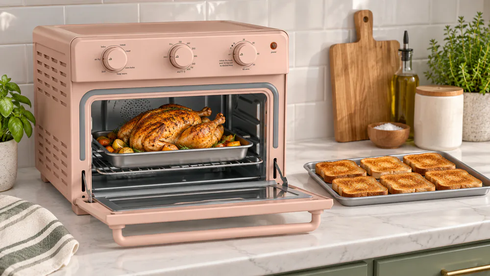 The Bella 6-Slice 7-in-1 open on a kitchen counter with a roast chicken on the rack and six slices of toast in a tray beside it
