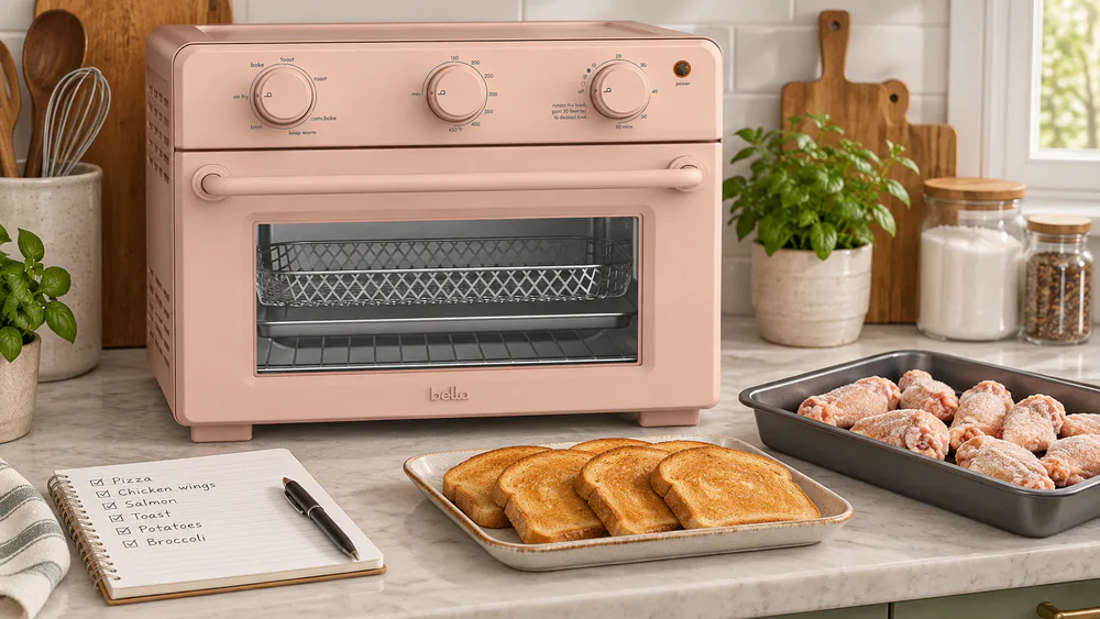 A Bella toaster oven on a family kitchen counter next to a notepad of scoring notes, a tray of toast and a pan of frozen wings ready to cook