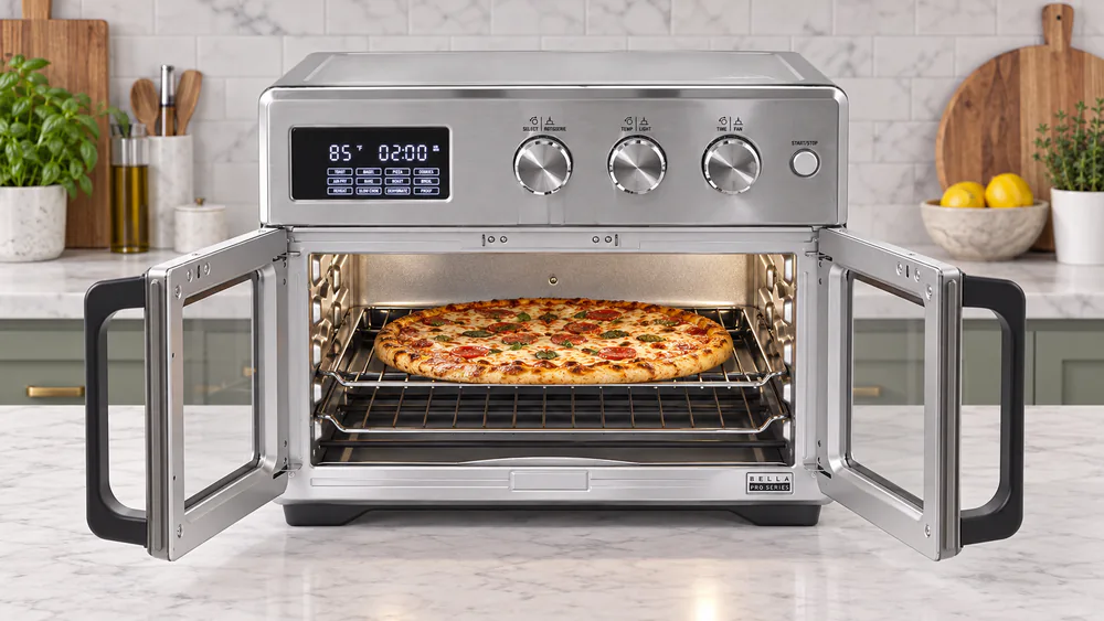 The Bella Pro 12-in-1 stainless steel French doors pulled open together with a pizza on the rack