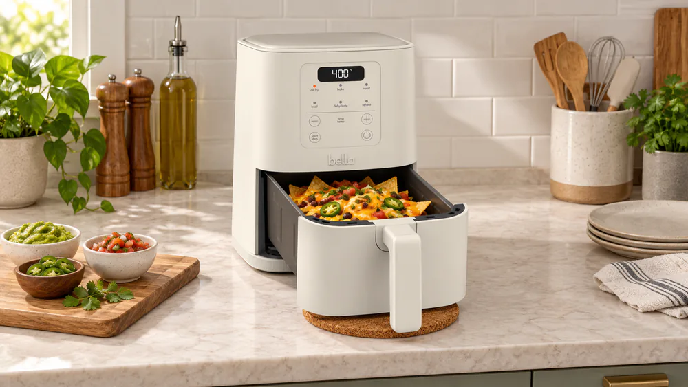 The Bella Slim 4-Qt in Oatmilk on a small kitchen counter with the basket pulled halfway out and nachos inside