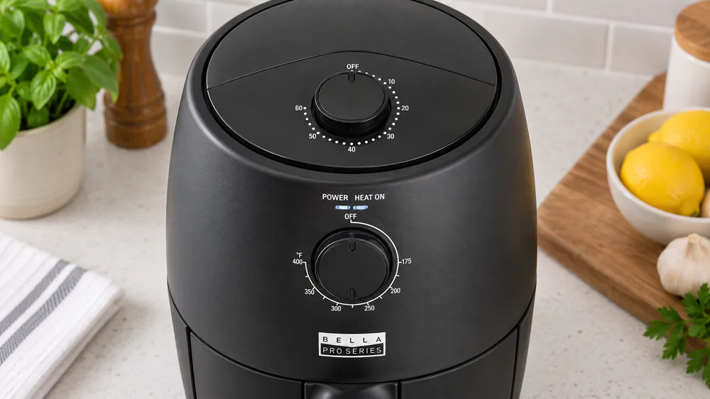 Close-up of the two analog control dials on a matte black Bella Pro Series 2qt air fryer, one for temperature and one for the timer.