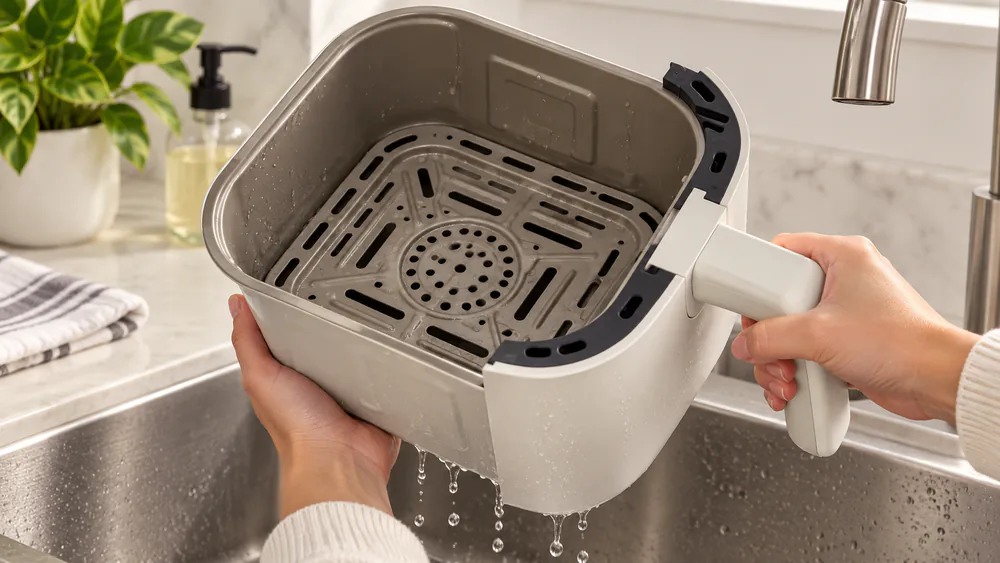 The EverGood ceramic basket of a Bella 4qt Slim air fryer held over a sink, coating clean and intact after a rinse.