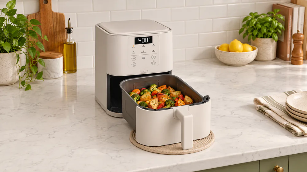 A Bella 6qt Slim air fryer on a counter with its basket pulled out, showing a full batch of roasted vegetables.