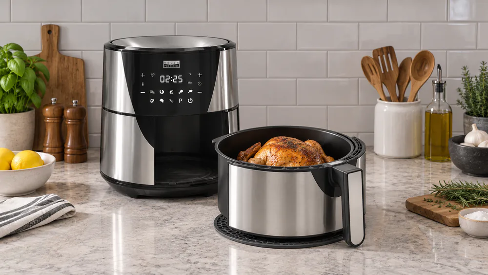 A whole chicken inside the 8 qt basket of a stainless Bella Pro Series touchscreen air fryer, skin browning during cooking.