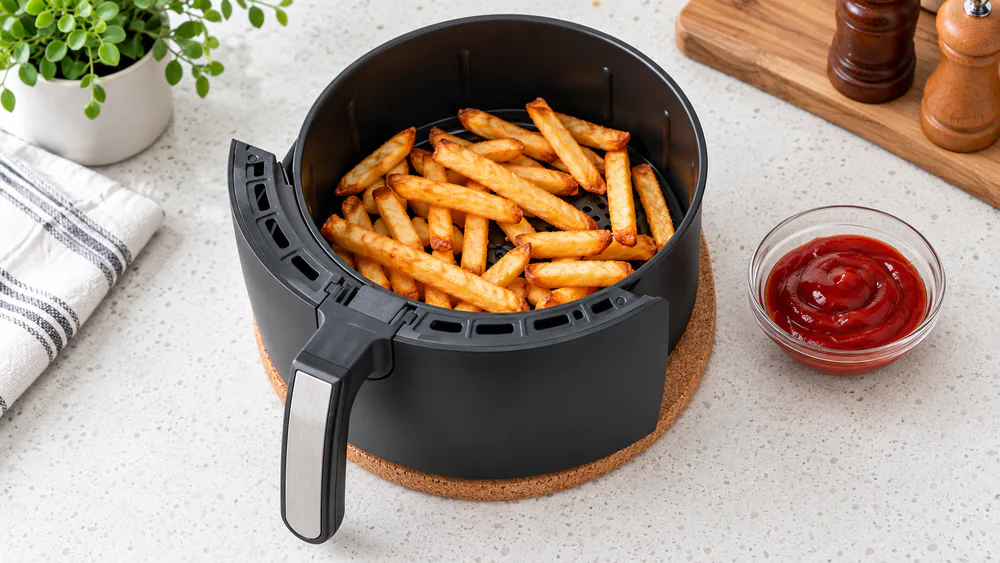 The basket of a matte black Bella 4.2qt analog air fryer filled with a batch of golden frozen fries after cooking.