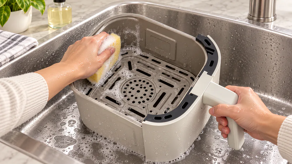 Hands washing a Bella air fryer basket in a sink with a soft sponge, demonstrating the gentle hand-washing that protects the nonstick coating.