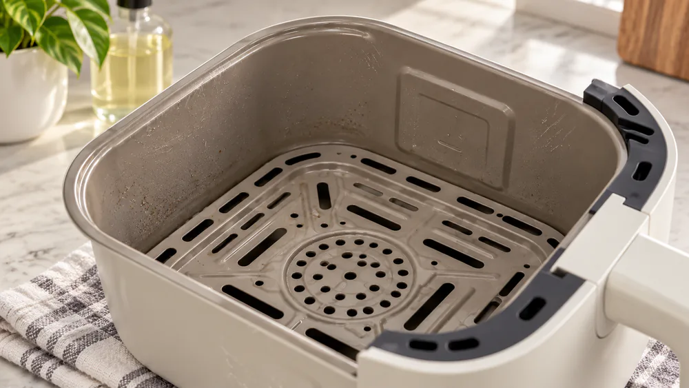 Close-up of a Bella air fryer basket showing the nonstick ceramic coating surface after weeks of use, with light wear at the edges.