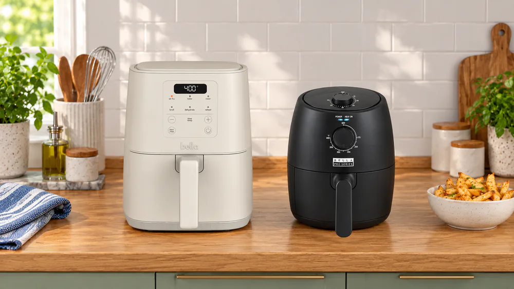 A digital touchscreen Bella air fryer next to an analog dial Bella model, showing the two different control styles side by side.