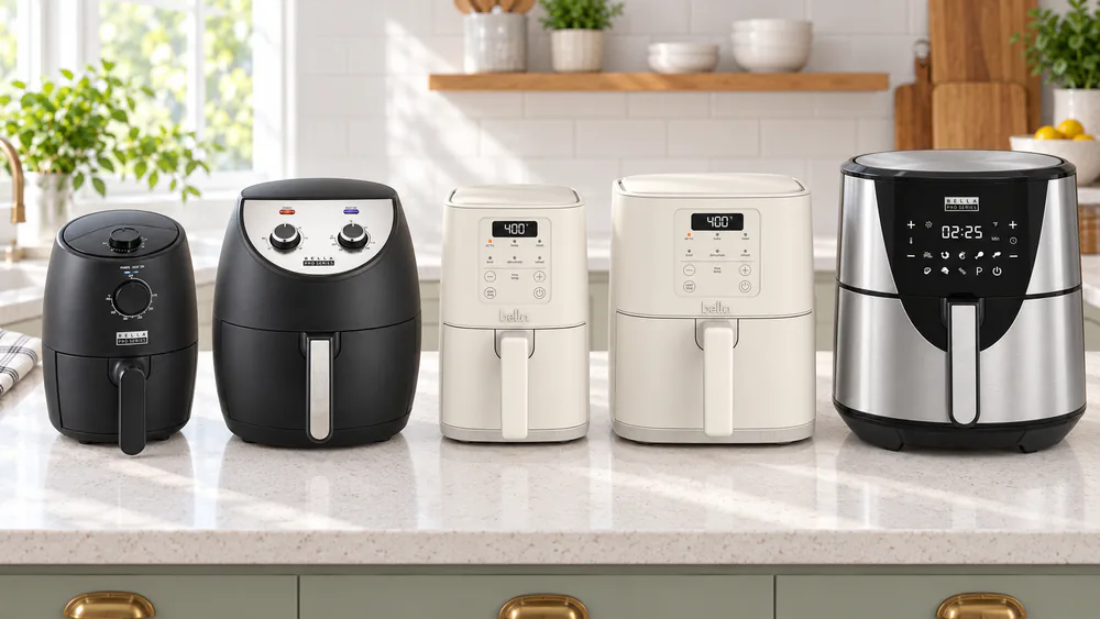 Five Bella air fryers of different sizes lined up on a kitchen counter, from a small 2 qt dial model to an 8 qt stainless touchscreen unit, ready for testing.