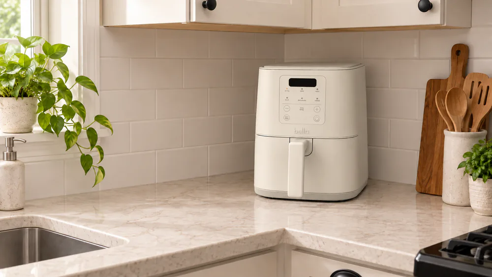 A tall narrow Bella Slim air fryer tucked into the corner of a kitchen counter beneath upper cabinets, showing its space-saving footprint.