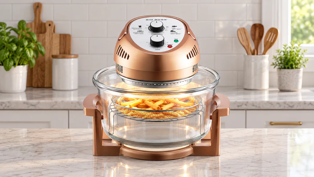 Crispy fries browning inside the clear glass bowl of a Big Boss 16Qt air fryer on a kitchen counter, internal light on